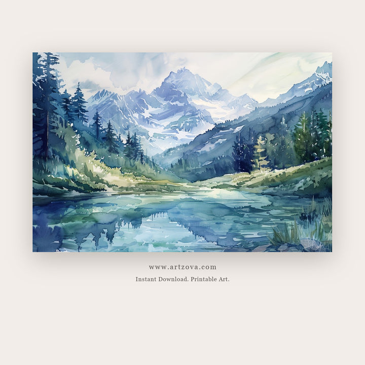 Navy Landscape printable landscape wall art in Navy Blue and Sky Blue - Artzova