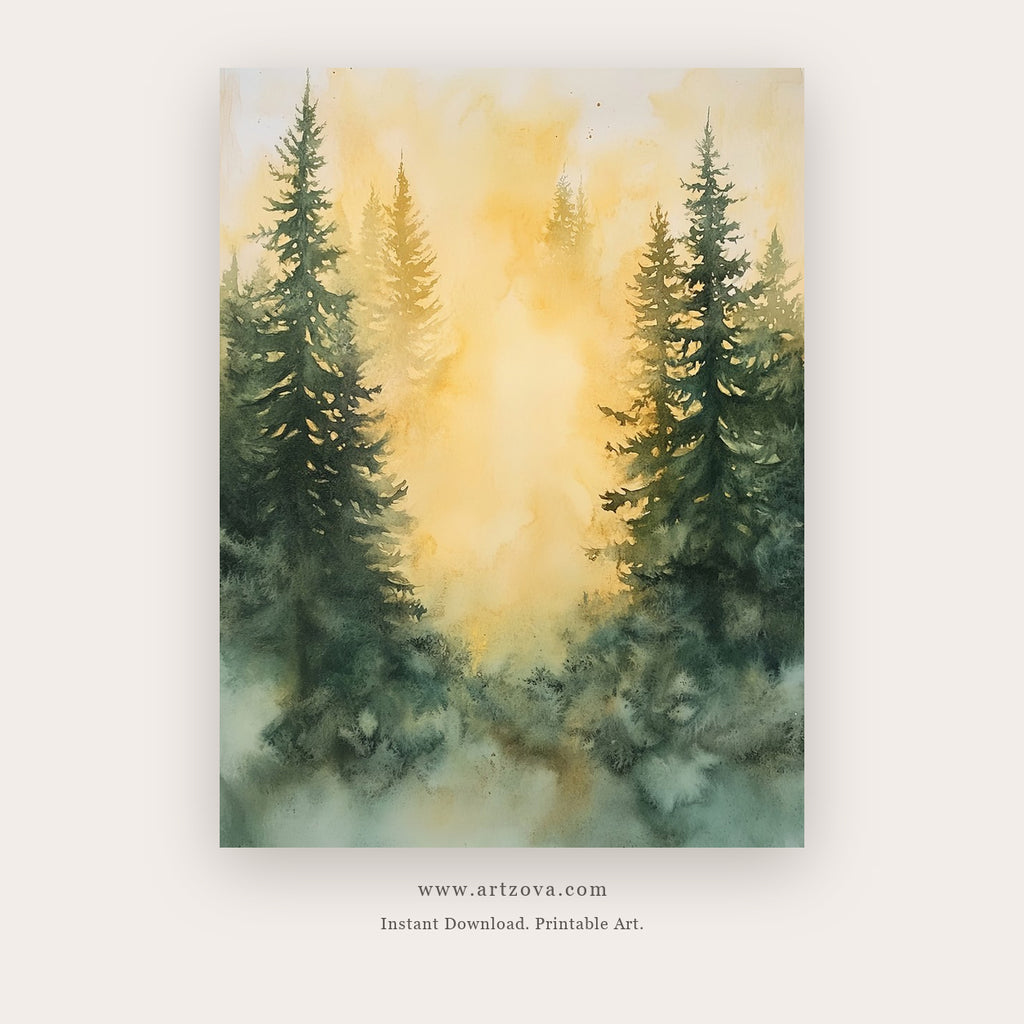 Gold Landscape printable landscape wall art in Gold and Forest Green - Artzova