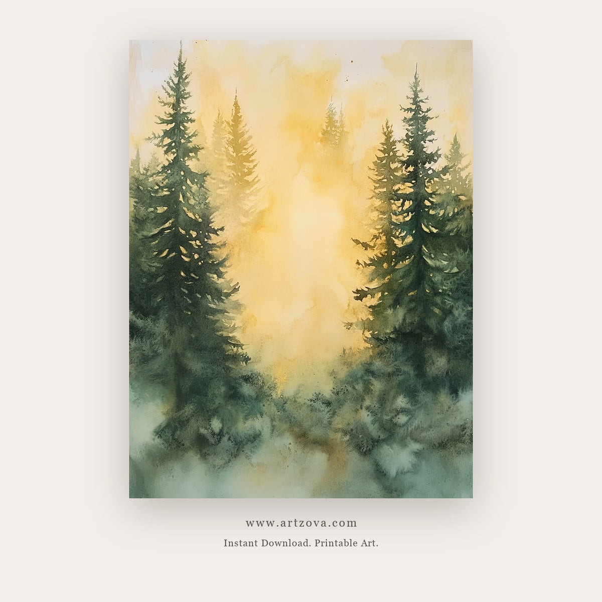 Gold Landscape printable landscape wall art in Gold and Forest Green - Artzova