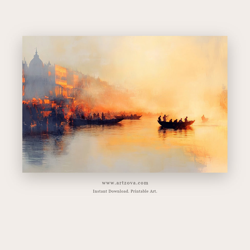 Banaras Ghat printable indian art in Gold and Peach - Artzova