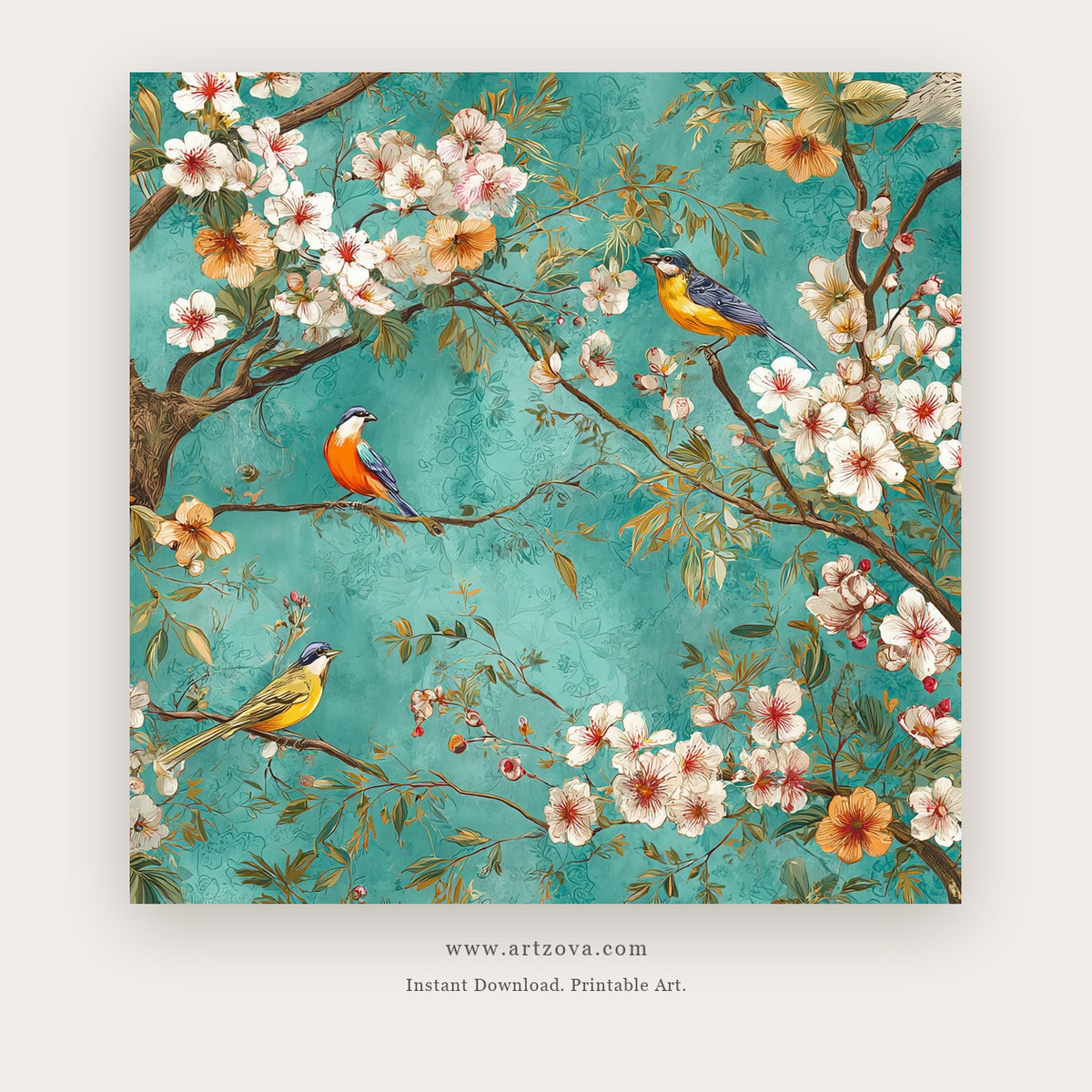 Branches printable bird wall art in Turquoise and Brown - Artzova