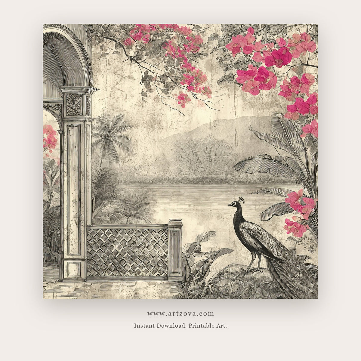 Day Peacock printable bird wall art in Blush Pink and Beige - Artzova