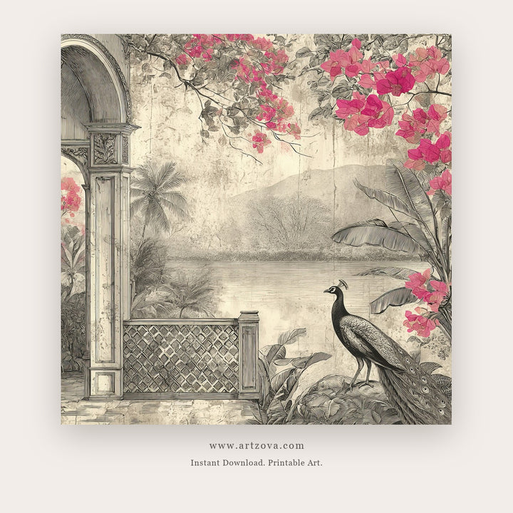 Day Peacock printable bird wall art in Blush Pink and Beige - Artzova