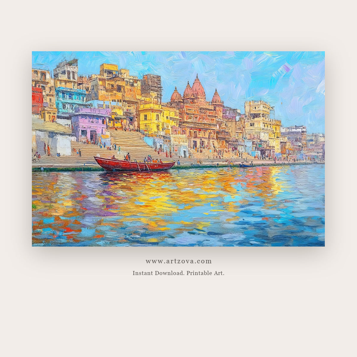 Day Banaras printable indian art in Sky Blue and Gold - Artzova