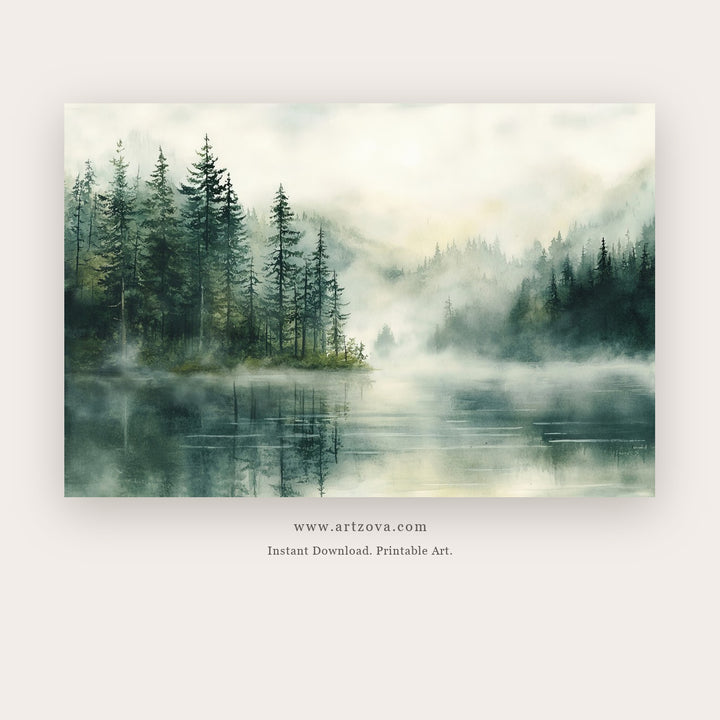 Light Wanders Land printable landscape wall art in Forest Green and Charcoal - Artzova