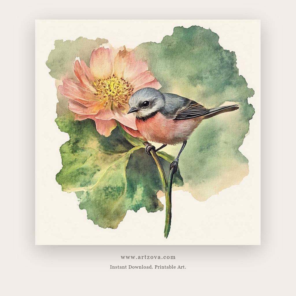 Birdsong Garden printable bird wall art in White and Sage Green - Artzova