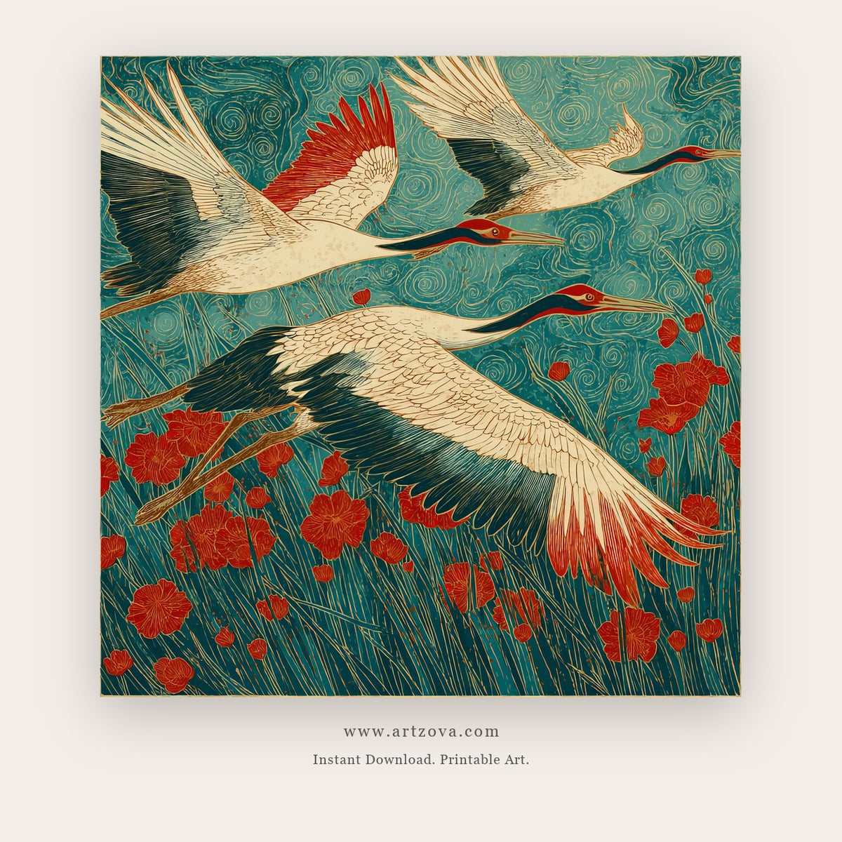 Sky Gentle printable bird wall art in Teal and Terracotta - Artzova