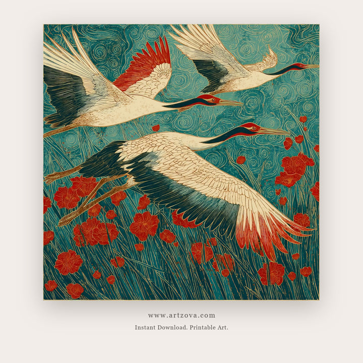 Sky Gentle printable bird wall art in Teal and Terracotta - Artzova