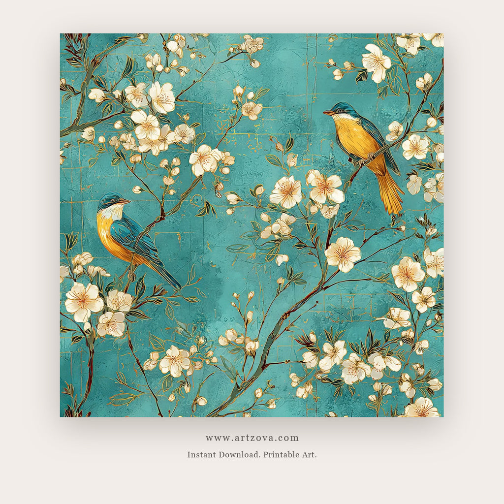 Small Wings printable bird wall art in Turquoise and Teal - Artzova