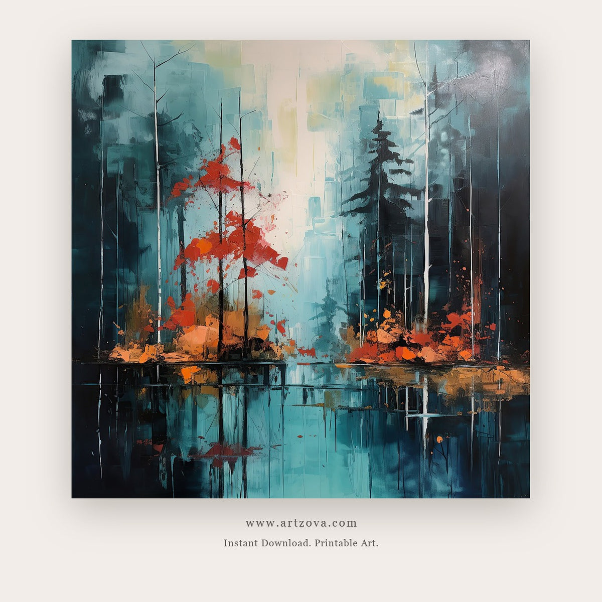 Forest Ember printable teal abstract forest wall art - Artzova