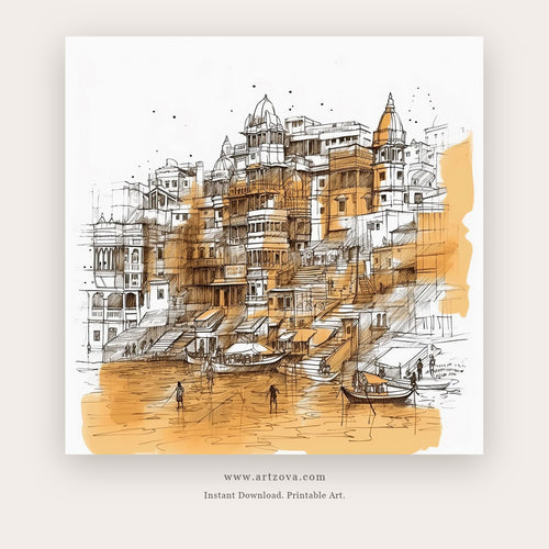 Ghat Linework printable Indian architectural wall art - Artzova