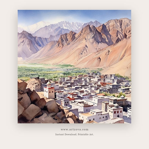 Himalayan Hamlet printable mountain landscape wall art - Artzova