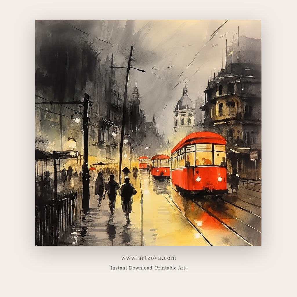 Monsoon Tram printable rainy city wall art - Artzova