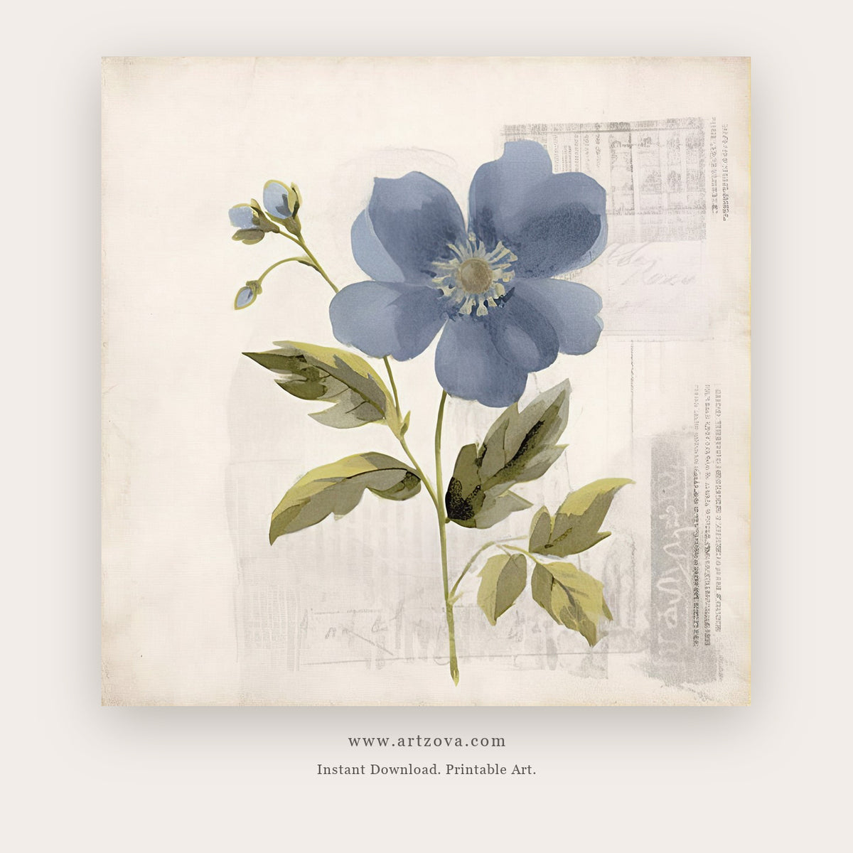 Quiet Blue Bloom printable botanical floral wall art - Artzova