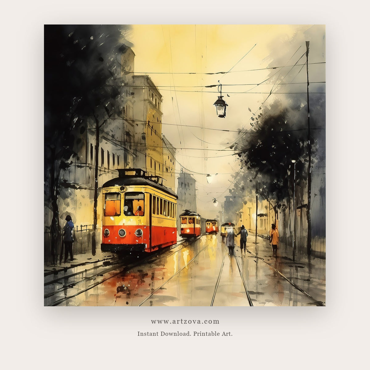Rainy Tram Glow printable city tram wall art - Artzova