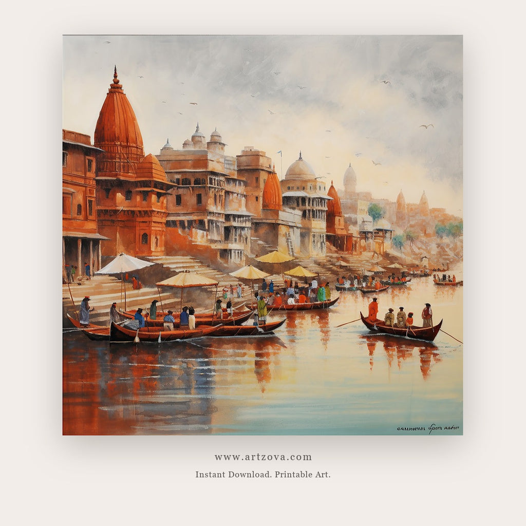 Riverside Ritual printable Indian ghat wall art - Artzova