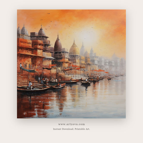 Sacred Ghat Dawn printable Indian river and temple wall art - Artzova