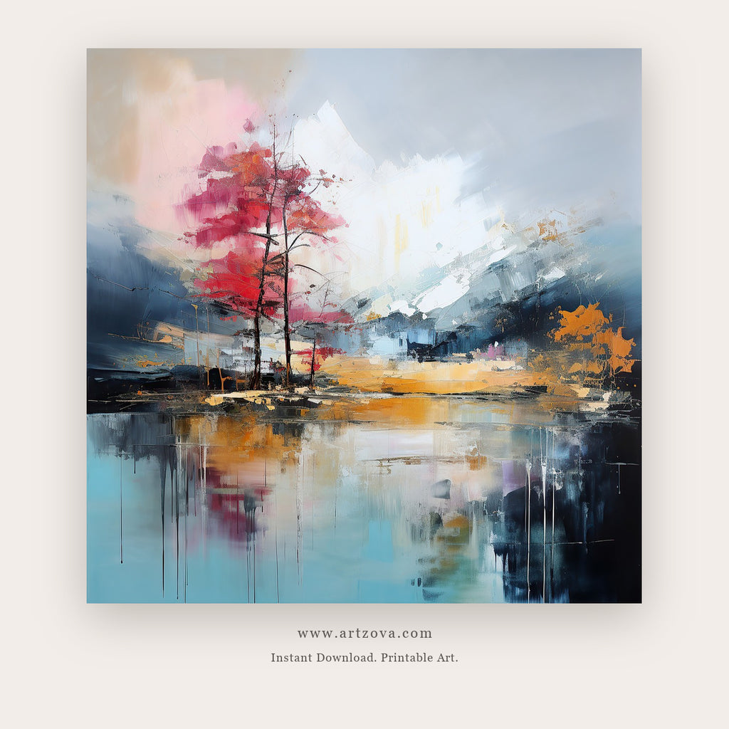Scarlet Stillness printable abstract lakeside wall art - Artzova