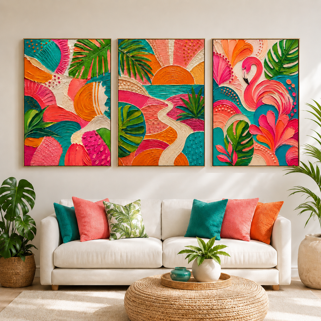 Tropical Radiance set of three colorful textured botanical wall art prints in a bright living room