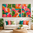 Tropical Radiance set of three colorful textured botanical wall art prints in a bright living room